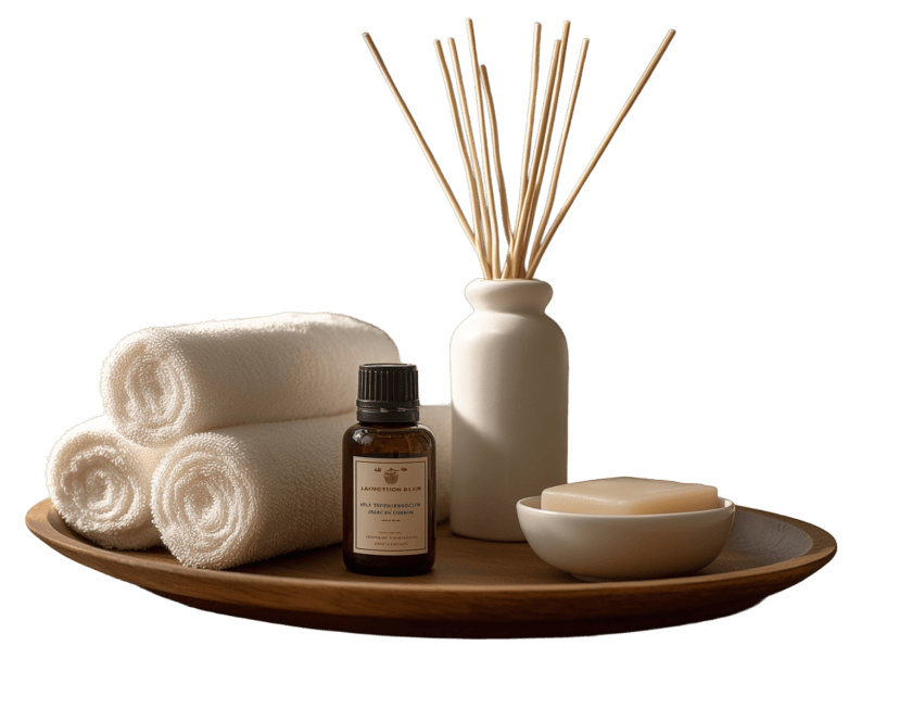 towel, aroma sticks and perfume