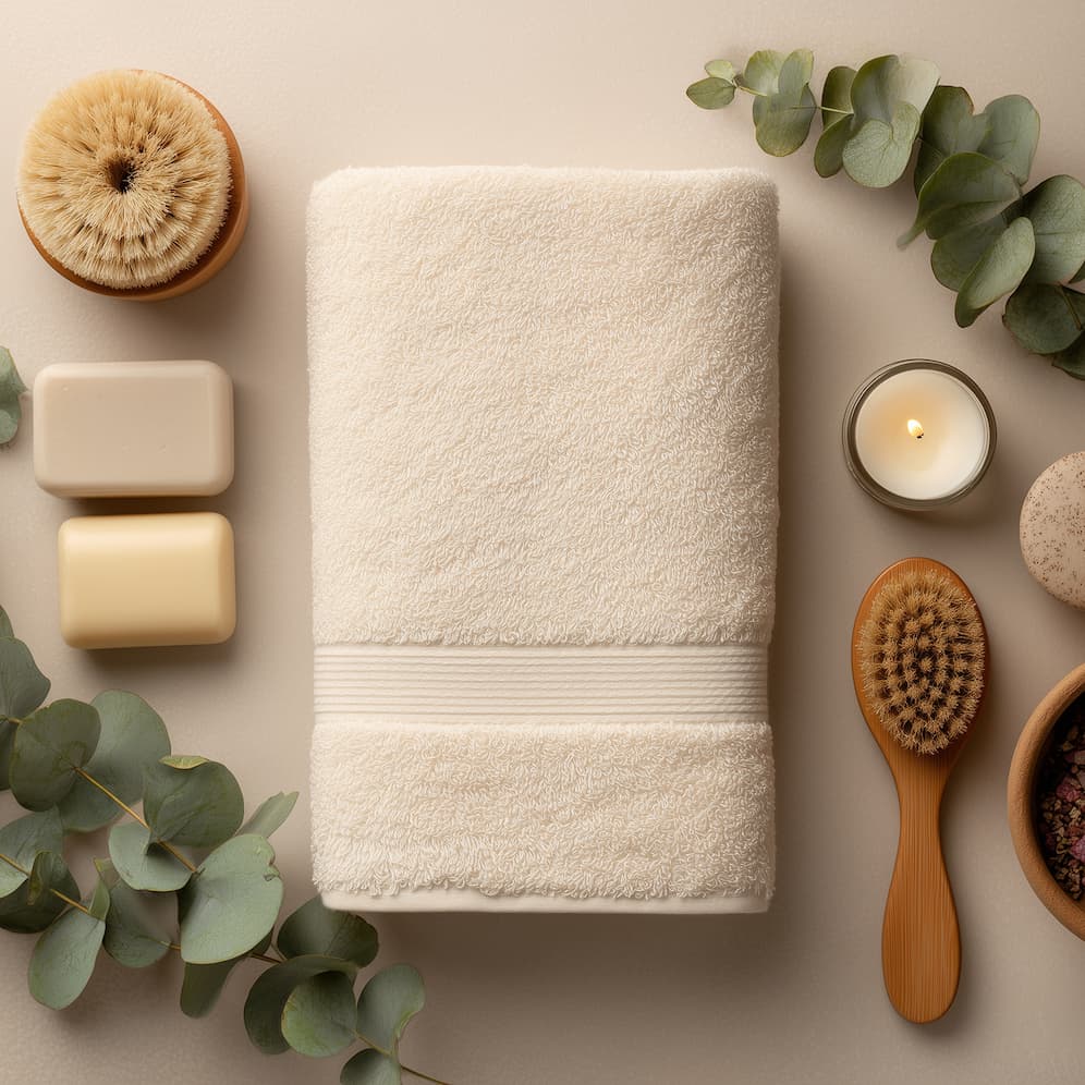 towel, aroma candle, soap and other wellness materials
